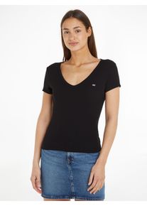 Tommy Jeans Damen T-Shirt "TJW SLIM ESSENTIAL RIB V SS", schwarz, casual, Gr. XL, unifarben, Rippware, Obermaterial: 95% Baumwolle, 5% Elasthan,