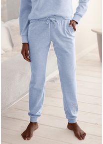 Damen Relaxhose, BENCH. LOUNGEWEAR, Gr. 32, blau, Interlock, Obermaterial: 52% Baumwolle, 48% Polyester, unifarben, bestickt, meliert, Basic, Hosen,