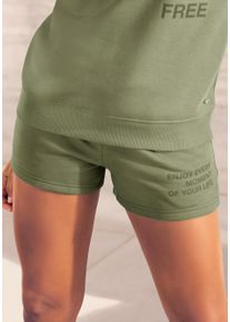 Buffalo Damen Sweatshorts, Gr. 32, grün, angeraute Sweatware, Obermaterial: 60% Baumwolle, 40% Polyester, casual, Hosen, mit Statement Druck,