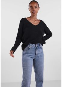 Pieces Damen V-Ausschnitt-Pullover "PCELLEN LS V-NECK KNIT NOOS BC", schwarz, casual, Gr. M, unifarben, Strick, Rippstrick, Obermaterial: 62%