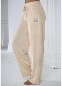 Vivance Damen Nickihose, Gr. 36, beige, Nicki, Obermaterial: 100% Polyester, unifarben, Glitzermuster, casual, Hosen, mit glänzendem Schmucksteinchen