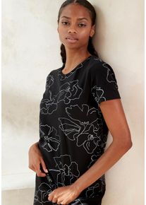 Lascana Damen Kurzarmshirt, Gr. 36, schwarz, Obermaterial: 95% Baumwolle, 5% Elasthan, unifarben, bedruckt, feminin, Shirts, mit Blütendruck,