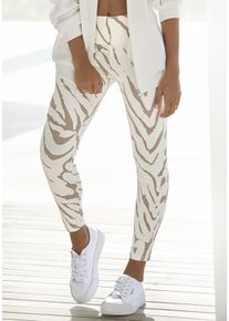 Lascana Damen Leggings, Gr. 32, beige, Jersey, Obermaterial: 95% Baumwolle, 5% Elasthan, gemustert, casual, Hosen, mit Zebramuster und breitem Bund,