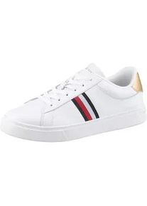 Plateausneaker Tommy Hilfiger "ESSENTIAL COURT SNEAKER STRPS" Gr. 40, goldfarben (weiß, goldfarben) Damen Schuhe Freizeitschuh, Halbschuh, Schnürschuh mit typischen Streifen