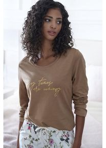 Lascana Pyjamaoberteil braun Gr. 32/34 für Damen. Rundhals und Druck. Basic. Nachhaltig.