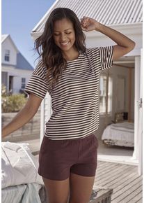 H.I.S. H.I.S Shorty rot Gr. 32/34 für Damen. Rundhals und Logostickerei, Allover-Druck. Loose Fit. Nachhaltig.