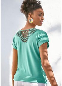 Vivance Kurzarmshirt 'mit Häkelspitze am Rücken' grün Gr. 40/42 für Damen. Rundhals und Spitze. Lässig Geschnitten. Nachhaltig.