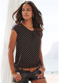Lascana Kurzarmshirt 'mit Kellerfalte am Ausschnitt' schwarz Gr. 32/34 für Damen. Rundhals und Allover-Druck. Figurumspielend. Nachhaltig.