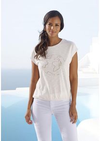 Vivance Rundhalsshirt 'mit goldfarben schimmerndem Frontprint' beige Gr. 40/42 für Damen. Rundhals und Print. Bequem. Nachhaltig.