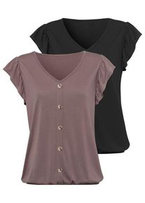 Lascana Kurzarmshirt 'mit Zierknopfleiste und Flügelärmelchen' mehrfarbig Gr. 32/34 für Damen. V-Ausschnitt und Knöpfe. Figurumspielend. Nachhaltig.