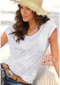 Beach Time BEACHTIME Kurzarmshirt 'mit leicht transparenten Palmen' mehrfarbig Gr. 32/34 für Damen. Tiefer Rundhals und Print. Bequem