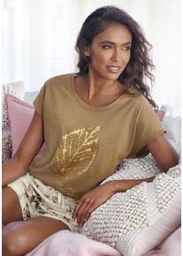 Lascana Pyjamaoberteil braun Gr. 32/34 für Damen. Rundhals und Druck. Bequem. Nachhaltig.