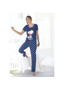 Pyjama PEANUTS, Damen, Gr. 40/42, blau (blau, gepunktet), Single Jersey, Obermaterial: 100% Baumwolle, bedruckt, gepunktet, Basic, bequem lang, Rundhals, eingesetzt, Homewear-Sets Pyjama, mit Snoopy-Druck und P&uuml;nktchen-Hose