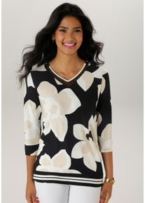 Damen 3/4-Arm-Shirt, beige, modisch, Gr. 48, Aniston SELECTED, gemustert, bedruckt, geblümt, Single Jersey, Jersey, Obermaterial: 95% Viskose, 5%