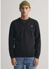 Gant Herren V-Ausschnitt-Pullover "Classic Cotton V-Neck", schwarz, Basic, Gr. M, unifarben, Strick, Jersey, Obermaterial: 100% Baumwolle, Pullover,