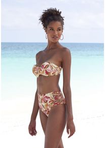 s.Oliver Damen Highwaist-Bikini-Hose "Bauhinia", beige, Gr. 34, floral, Recycling-Polyamid, Badehosen, mit seitlich gekreuzten Bändern