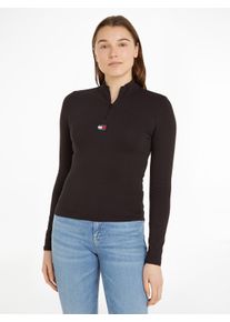 Tommy Jeans Damen Langarmshirt "TJW XS BADGE 1/4 ZIP MOCKNECK LS", schwarz, casual, Gr. L, unifarben, Single Jersey, Obermaterial: 95% Baumwolle, 5%