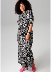 ANISTON PLUS Damen Maxikleid, schwarz-weiß, Gr. 48, bedruckt, gemustert, Jersey, Obermaterial: 89% Viskose, 9% Polyester, 2% Elasthan, Kleider, in