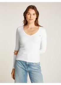 Tommy Jeans Damen Langarmshirt "TJW SLIM ESSENTIAL RIB V LS", beige, Basic, Gr. M, unifarben, bestickt, Rippware, Obermaterial: 95% Baumwolle, 5%
