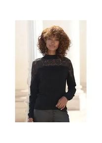 Strickpullover Lascana, Damen, Gr. 32/34, schwarz, Feinstrick, Obermaterial: 50% Viskose, 25% Polyamid, 25% Polyester. Spitze: 100% Polyamid, unifarben, figurumspielend h&uuml;ftlang, hoch geschlossener Ausschnitt, Rippstrickb&uuml;ndchen, Pullover Strickpullover, mit Spitzeneinsatz, eleganter Damenpullover, festlich, Topseller