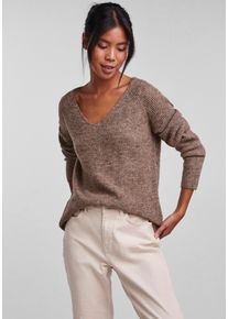 Pieces Damen V-Ausschnitt-Pullover "PCELLEN LS V-NECK KNIT NOOS BC", beige, casual, Gr. XS, unifarben, Strick, Rippstrick, Obermaterial: 62%