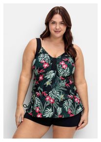 sheego Damen Tankini-Top "Große Größen", schwarz, Gr. 50, Polyamid, Xtra Life LYCRA, Bikini-Oberteile, mit Tropenprint und seitlicher Raffung