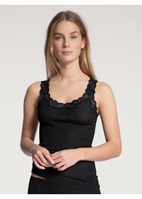 Calida Damen Unterhemd "Richesse Lace", Gr. XS, schwarz, Feinripp, Obermaterial: 70% Schurwolle, 30% Seide, unifarben, feminin, Unterhemden, mit