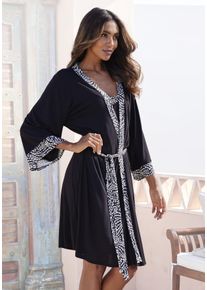 Lascana Damen Kimono, Gr. 36, schwarz-weiß, Single-Jersey, gestreift, Hausmäntel, mit gemusterter Kontrastblende