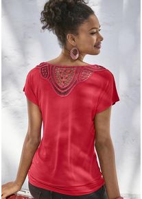Vivance Kurzarmshirt 'mit Häkelspitze am Rücken' rot Gr. 32/34 für Damen. Rundhals und Spitze. Lässig Geschnitten. Nachhaltig.