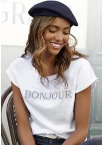 Vivance T-Shirt 'mit Frontdruck "Bonjour"' weiß Gr. 32/34 für Damen. Rundhals und Print. Bequem. Nachhaltig.