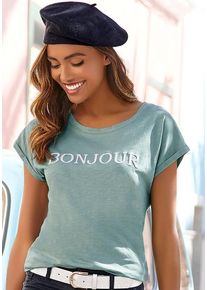 Vivance T-Shirt 'mit Frontdruck "Bonjour"' grün Gr. 32/34 für Damen. Rundhals und Print. Bequem. Nachhaltig.
