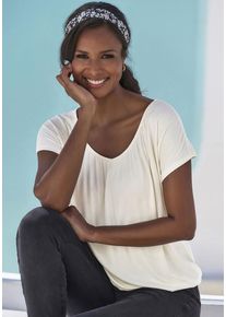 Lascana Kurzarmshirt beige Gr. 32/34 für Damen. Mit V-Ausschnitt. Figurumspielend. Nachhaltig.