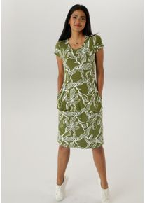 Damen Sommerkleid, grün, feminin, Gr. 42, Aniston SELECTED, bedruckt, geblümt, Jersey, Obermaterial: 95% Viskose, 5% Elasthan, Kleider, mit zwei