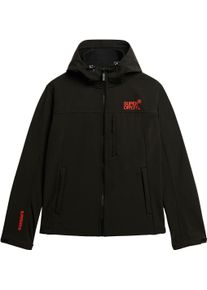 Superdry Herren Outdoorjacke "HOODED SOFT SHELL TREKKER JKT", schwarz, modisch, Gr. S, unifarben, Web, Obermaterial: 96% Polyester, 4% Elasthan,