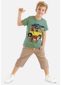 DENOKIDS Herren Hausanzug "Safari Boy", Gr. 128, grün, 100% Baumwolle, bedruckt, casual, Homewear-Sets, mit Safari-Jeep-Print