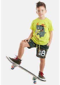 DENOKIDS Herren Hausanzug "Skater Hippo", Gr. 122, grün, 100% Baumwolle, bedruckt, casual, Homewear-Sets, mit Nilpferd-Aufdruck