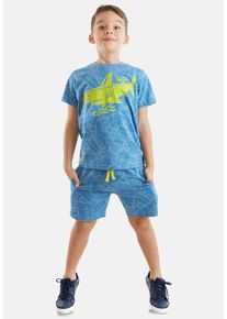 DENOKIDS Herren Hausanzug "Shark Sea", Gr. 128, blau, 100% Baumwolle, bedruckt, casual, Homewear-Sets, mit Allover-Tropenmuster-Print