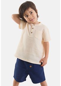 DENOKIDS Herren Hausanzug "Handsome Muslin", Gr. 104, weiß, 100% Baumwolle, unifarben, casual, Homewear-Sets, mit Mandarin-Kragen