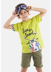 DENOKIDS Herren Hausanzug "Moto Tour", Gr. 110, grün, 95% Baumwolle;5% Elasthan, bedruckt, casual, Homewear-Sets, mit Motto-Print