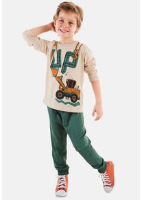 DENOKIDS Herren Hausanzug "Up Dozer", Gr. 128, beige, 100% Baumwolle, bedruckt, casual, Homewear-Sets, mit elastischem Bund und Seitentaschen