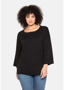 Große Größen Pullover mit 7/8-Trompetenärmeln, aus Flammgarn Gr. 56/58 schwarz von sheego für Damen