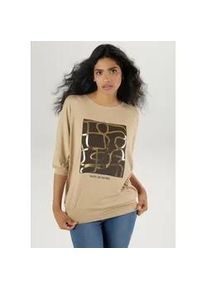 Fledermausshirt Aniston SELECTED, Damen, Gr. 46, braun (taupe, dunkelbraun, goldfarben), Single Jersey, Obermaterial: 95% Viskose, 5% Elasthan, bedruckt, leicht gl&auml;nzend, oversize h&uuml;ftbedeckend, Rundhals, Fledermaus&auml;rmel B&uuml;ndchen, Shirts Fledermausshirt, mit goldfarbenem Folienprint