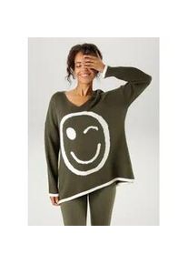 Strickpullover Aniston CASUAL, Damen, Gr. 40/42, gr&uuml;n (oliv, wollwei&szlig;), Strick, Obermaterial: 100% Polyacryl, gemustert, oversize Po-bedeckend, V-Ausschnitt, Strickb&uuml;ndchen, Pullover Strickpullover, mit eingestricktem Smiley