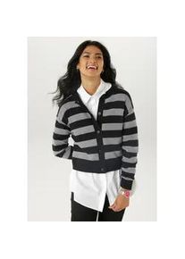 Strickjacke Aniston SELECTED, Damen, Gr. 48, schwarz-wei&szlig; (schwarz, wei&szlig;), Strick, Obermaterial: 70% Baumwolle, 30% Polyamid, gemustert, gestreift, figurumspielend taillenbedeckt, Rundhals, Strickb&uuml;ndchen, Strickjacken Strickjacke, im trendigen Streifen-Dessin