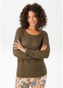 Aniston CASUAL Damen Rundhalspullover, grün, modisch, Gr. 34, unifarben, Ajourstrickmuster, Feinstrick, Obermaterial: 100% Baumwolle, Pullover, mit