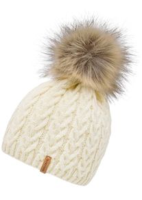 Chillouts Damen Bommelmütze "Tabea Hat", beige, feminin,modisch, unifarben, Zopfmuster, Fellimitat, meliert, Feinstrick, Materialmix, Mützen, mit