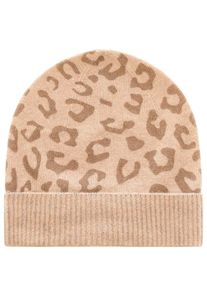 Zwillingsherz Damen Strickmütze, beige, modisch, unifarben mit Farbeinsatz, gemustert, Kaschmir, Mützen, mit modernem Leopardenmuster