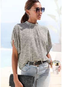Lascana Damen Kurzarmbluse, beige, modisch, Gr. 36, bedruckt, Web, Obermaterial: 100% Viskose, Blusen, mit Alloverdruck, Damenbluse, sportlich elegant