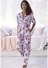 Lascana Pyjama mehrfarbig Gr. 36/38 für Damen. V-Ausschnitt und Allover-Druck, Piping. Bequem. Nachhaltig.
