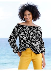 Heine Damen Carmenbluse, schwarz, Gr. 42, gemustert, mehrfarbig, geblümt, bedruckt, 100% Viskose, Blusen